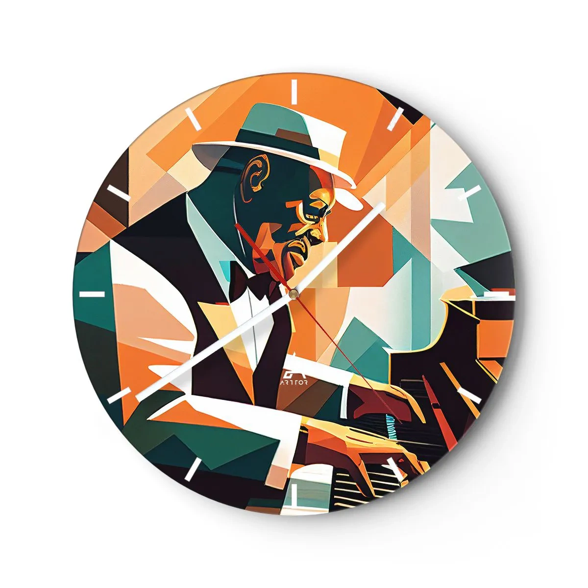 Wanduhr - Glasuhr - Jazzmusiker am Klavier im geometrischen Stil - 30x30cm - Alles vom Jazz - Moderne Wanddekoration für Wohnzimmer, Küche und Schlafzimmer ARTTOR