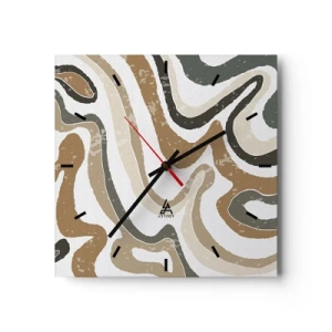 Wanduhr - Glasuhr - Erdige Muster in Braun- und Grüntönen - 30x30cm - Mäander in Erdfarben - Moderne Wanddekoration für Wohnzimmer und Schlafzimmer ARTTOR