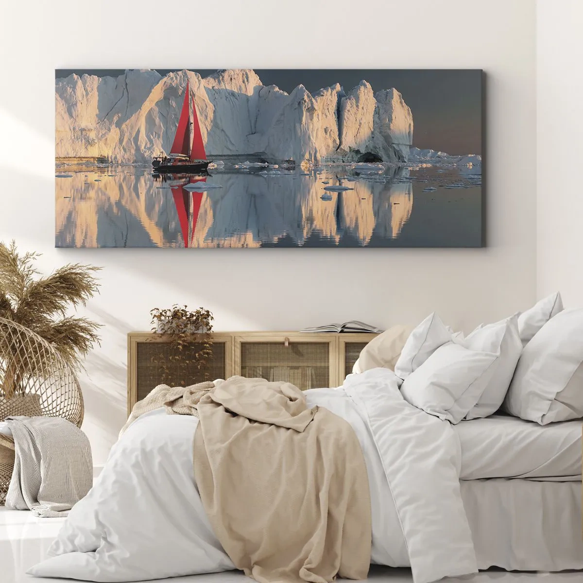 Bild auf Leinwand - Leinwandbild - Ein Segelboot mit rotem Segel vor der Kulisse eines Gletschers - 120x50cm - Am Rande der Welt - Moderne Wanddekoration für Wohnzimmer und Schlafzimmer ARTTOR