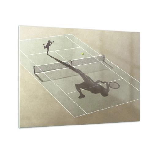 Glasbild - Bild auf glas - Die Figur eines Tennisspielers und sein Schatten auf dem Platz während eines Aufschlags - 70x50cm - Überwinde dich selbst - Moderne Wanddekoration für Wohnzimmer und Schlafzimmer ARTTOR