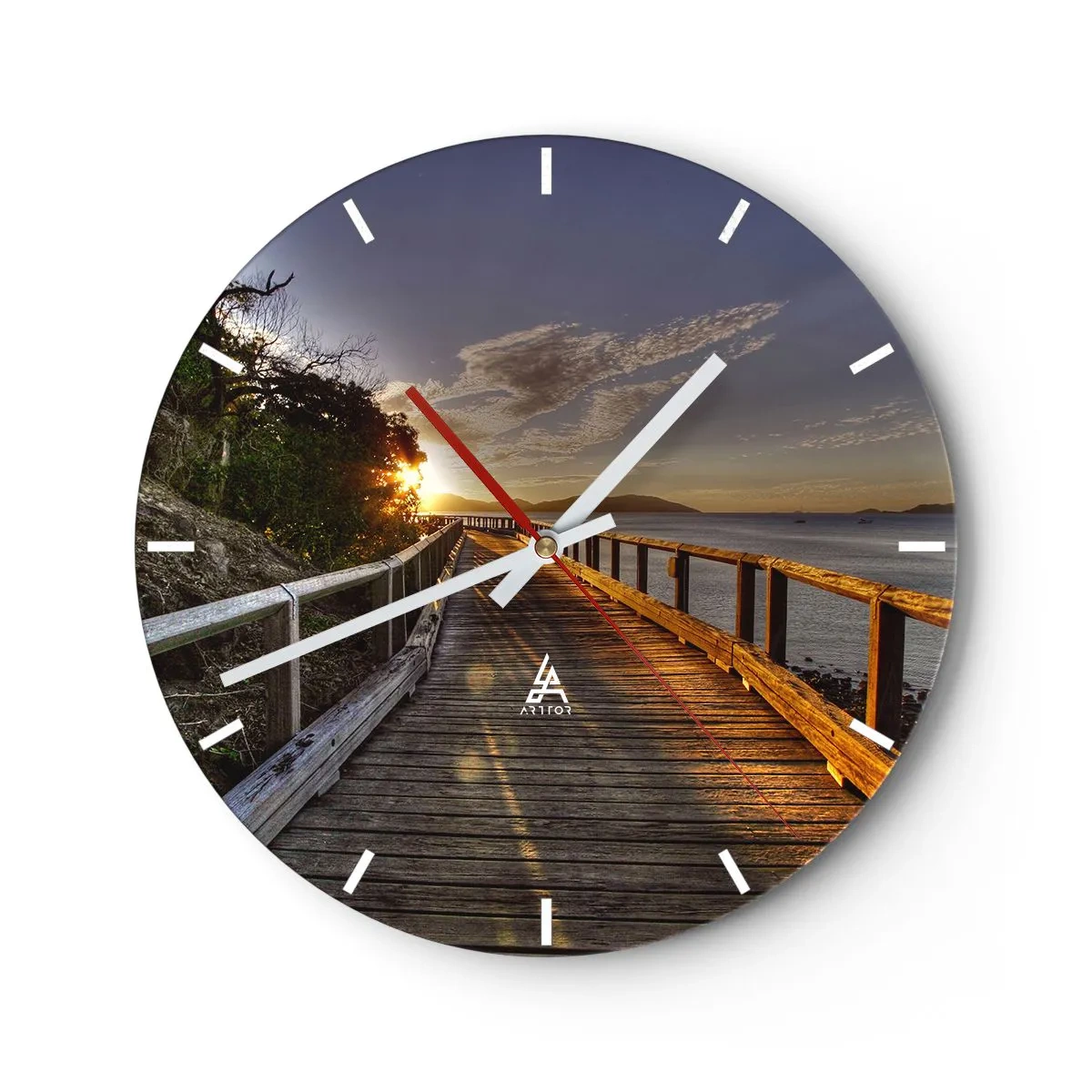 Wanduhr - Glasuhr - Ein Steg über dem Wasser bei Sonnenuntergang - 30x30cm - Gehen, weiter der Sonne entgegengehen - Moderne Wanddekoration für Wohnzimmer, Küche und Schlafzimmer ARTTOR