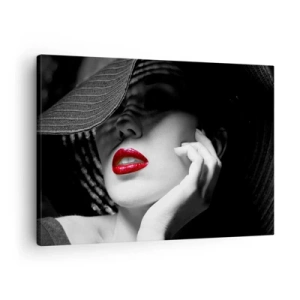 Bild auf Leinwand - Leinwandbild - Schwarz-Weiß-Porträt einer Frau mit roten Lippen - 70x50cm - Eine Studie in Scharlachrot - Moderne Wanddekoration für Wohnzimmer und Schlafzimmer ARTTOR