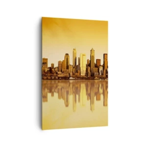Bild auf Leinwand - Leinwandbild - Stadtpanorama spiegelt sich im Wasser bei Sonnenuntergang - 80x120cm - Die Stille der Metropole - Moderne Wanddekoration für Wohnzimmer und Schlafzimmer ARTTOR