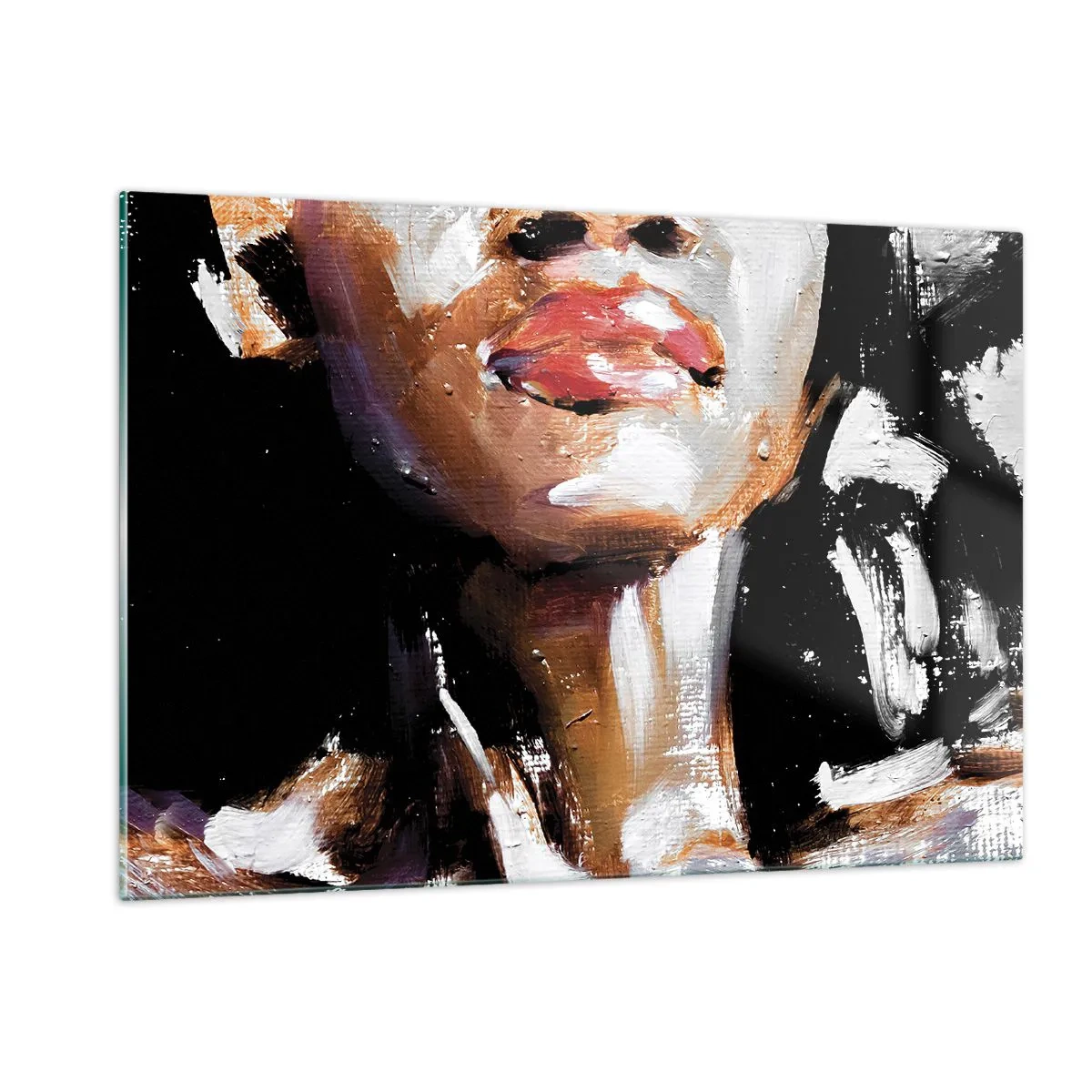 Glasbild - Bild auf glas - Nahaufnahme eines farbenfrohen Frauenporträts im ausdrucksstarken Stil - 120x80cm - Stolz ohne Vorurteile - Moderne Wanddekoration für Wohnzimmer und Schlafzimmer ARTTOR