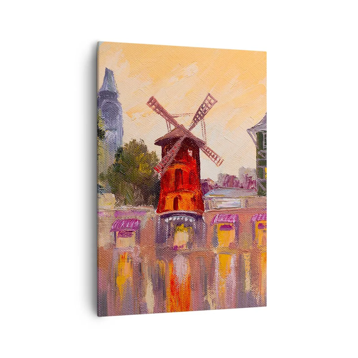 Bild auf Leinwand - Leinwandbild - Die rote Windmühle des Moulin Rouge, umgeben von der Stadtlandschaft - 70x100cm - Pariser Ikonen – Moulin Rouge - Moderne Wanddekoration für Wohnzimmer und Schlafzimmer ARTTOR