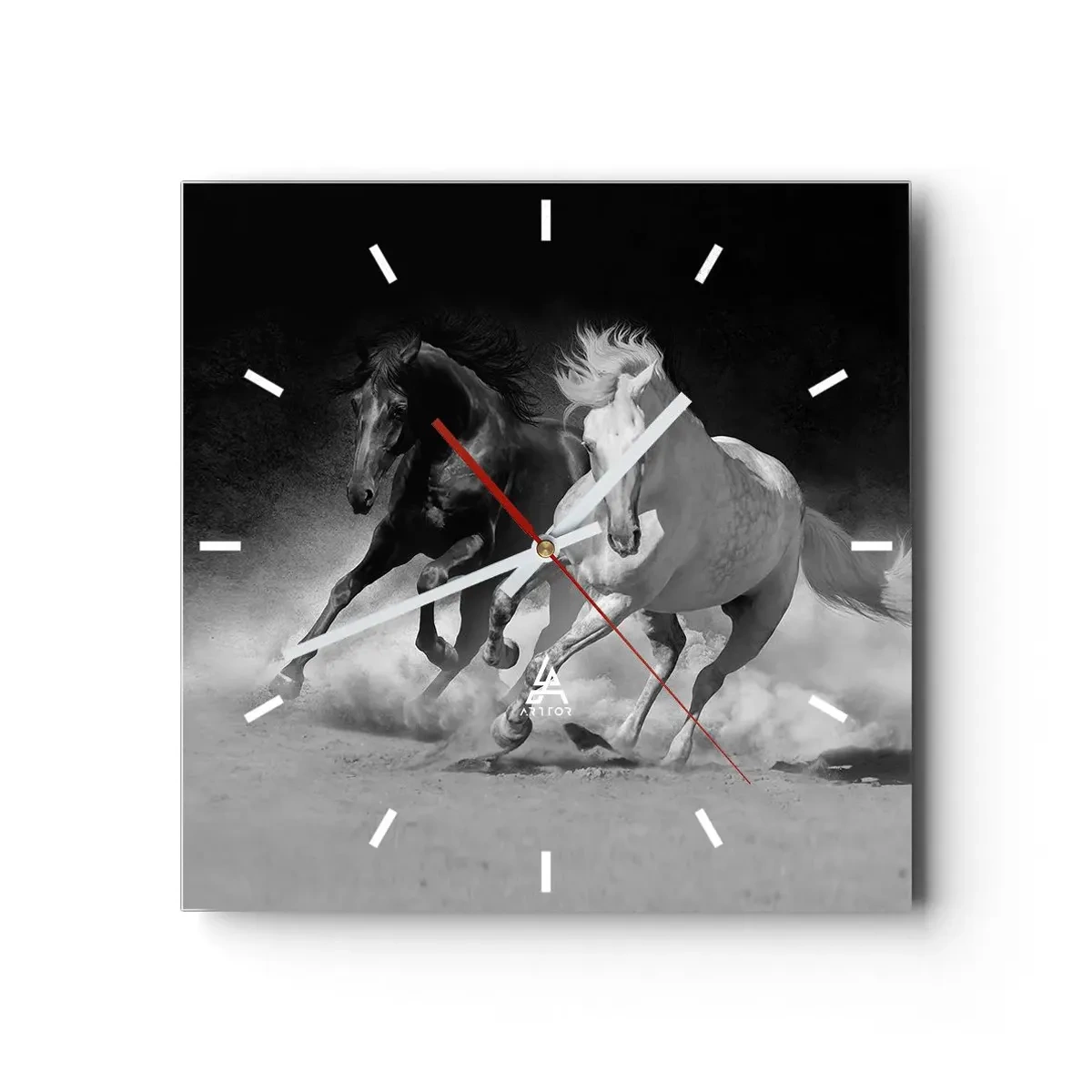 Wanduhr - Glasuhr - Laufende Pferde in Schwarz und Weiß - 30x30cm - Galopp der Freiheit - Moderne Wanddekoration für Wohnzimmer und Schlafzimmer ARTTOR