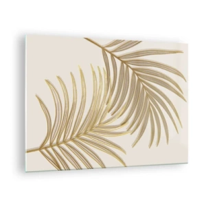 Glasbild - Bild auf glas - Goldene Palmblätter auf hellem Hintergrund - 70x50cm - Goldene Palme! - Moderne Wanddekoration für Wohnzimmer und Schlafzimmer ARTTOR