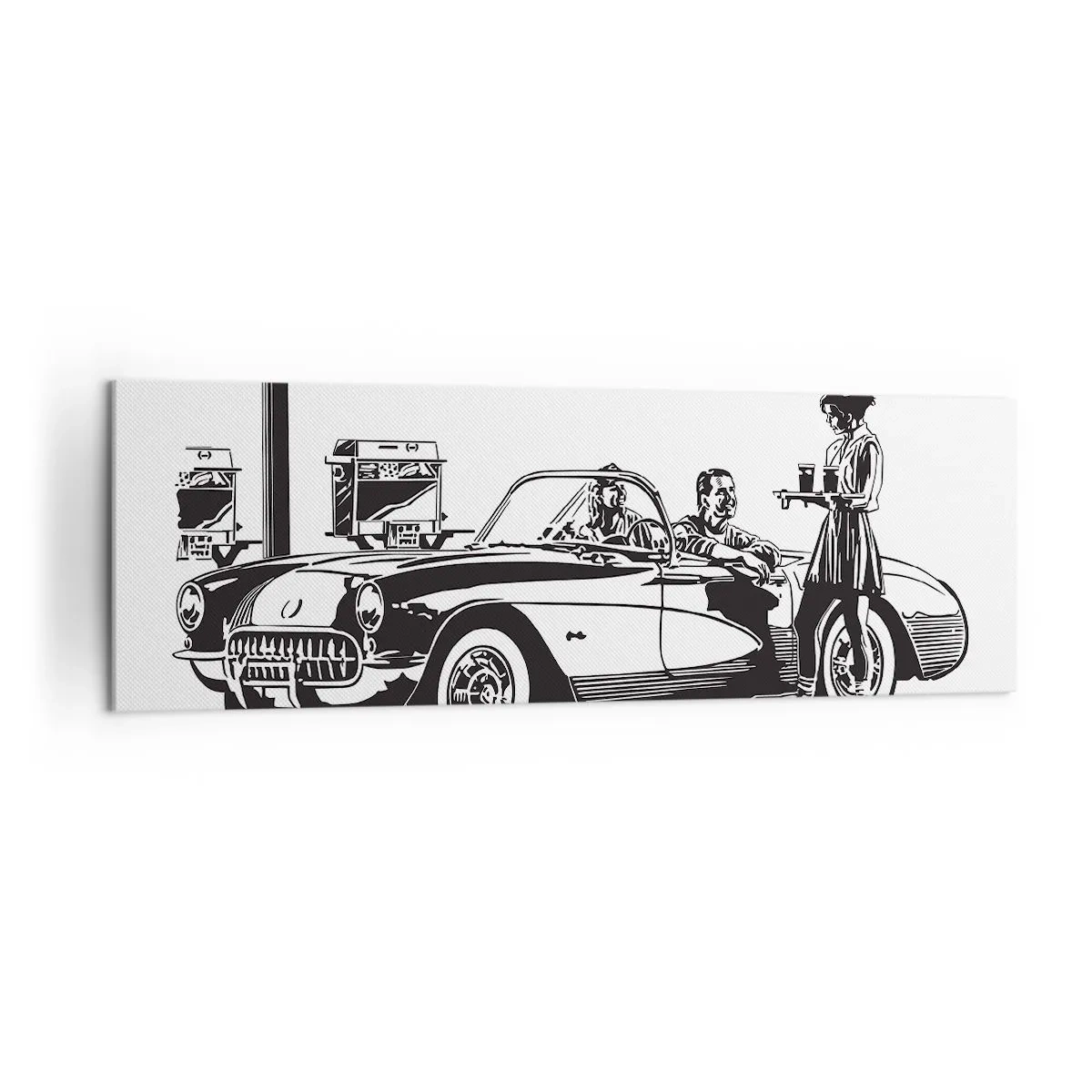 Bild auf Leinwand - Leinwandbild - Eine schwarz-weiße Retro-Szene mit einem Auto und einer Kellnerin auf Rollschuhen. - 160x50cm - 60. - unbeschwertes Amerika - Moderne Wanddekoration für Wohnzimmer und Schlafzimmer ARTTOR