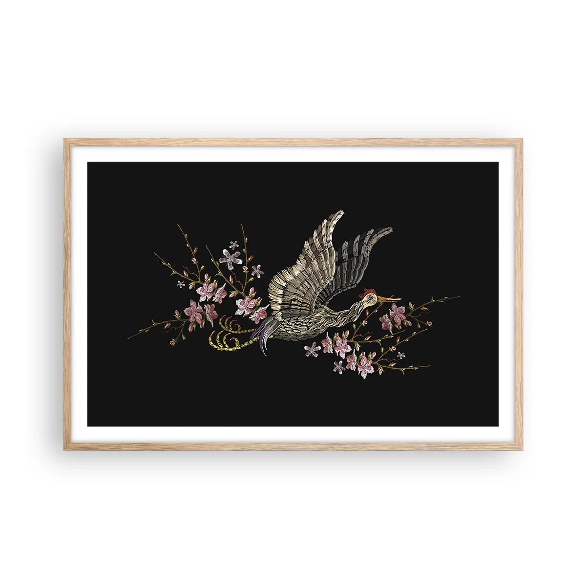 Poster in einem Rahmen aus heller Eiche - Exotischer gestickter Vogel - 91x61 cm