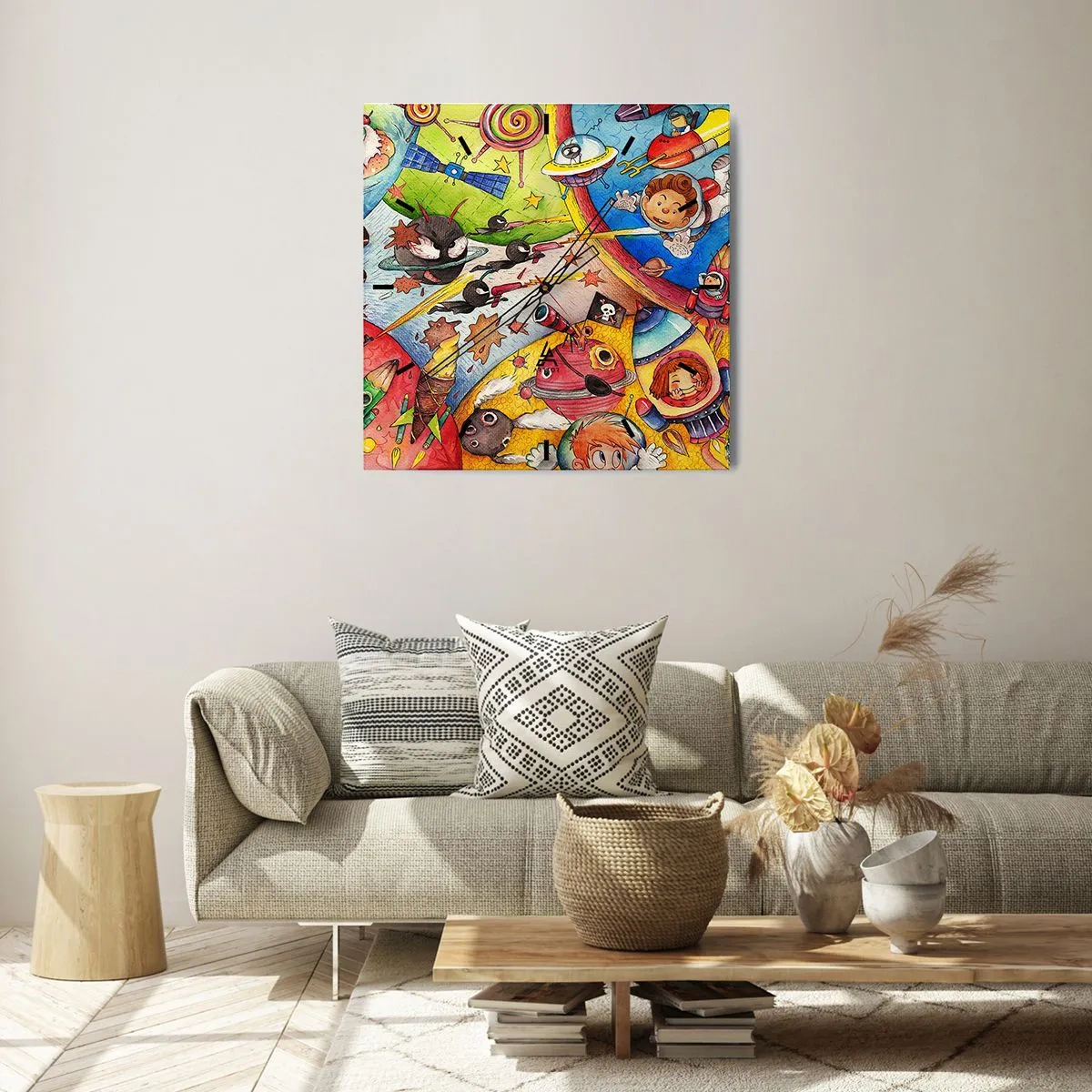 Wanduhr - Glasuhr - Eine bunte Weltraumszene voller Kinder und Raumschiffe - 30x30cm - Tolles Weltraumabenteuer - Moderne Wanddekoration für Wohnzimmer und Schlafzimmer ARTTOR