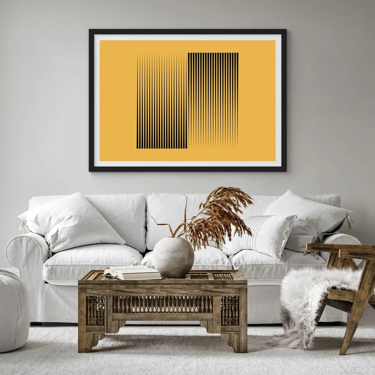 Poster in einem schwarzem Rahmen - Vertikale schwarze Linien auf gelbem Hintergrund - 70x50cm - Quadratur der Gegensätze - Moderne Wanddekoration für Wohnzimmer und Schlafzimmer ARTTOR