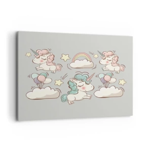 Bild auf Leinwand - Leinwandbild - Niedliche Einhörner auf pastellfarbenem Hintergrund - 120x80cm - Sicherlich gibt es... - Moderne Wanddekoration für Wohnzimmer und Schlafzimmer ARTTOR