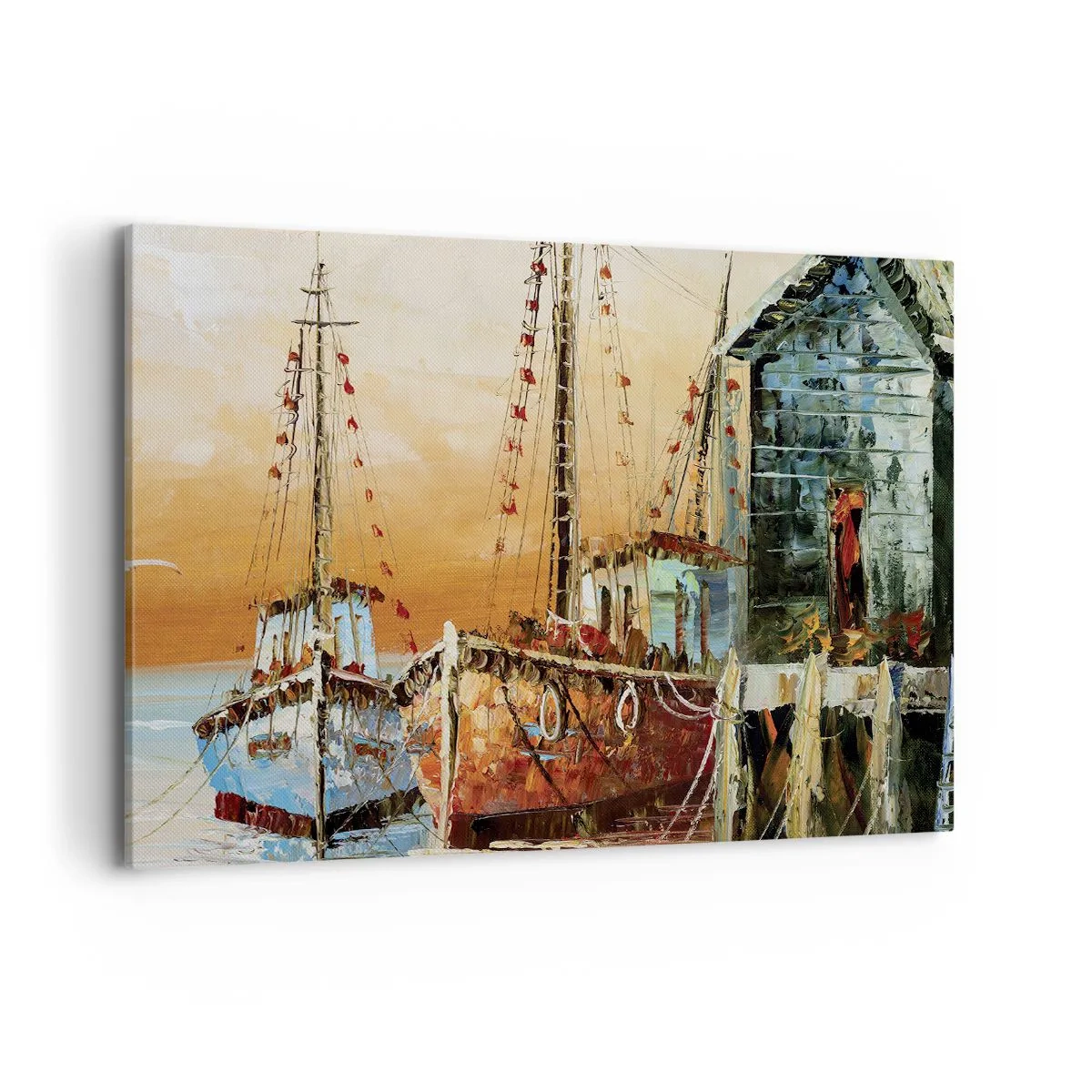 Bild auf Leinwand - Leinwandbild - Boote am Ufer im warmen Licht des Sonnenuntergangs - 120x80cm - Friedliche Rückkehr - Moderne Wanddekoration für Wohnzimmer und Schlafzimmer ARTTOR