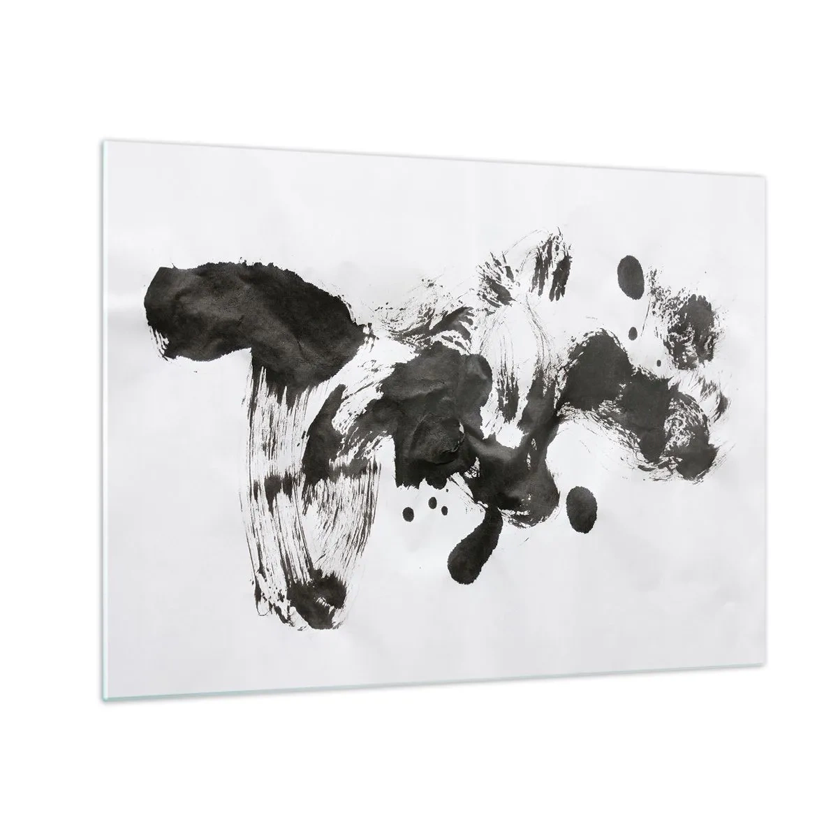 Glasbild - Bild auf glas - Abstrakter schwarzer Fleck und Pinselstriche auf weißem Hintergrund - 70x50cm - Obwohl das Wahnsinn ist, steckt darin eine Methode? - Moderne Wanddekoration für Wohnzimmer und Schlafzimmer ARTTOR