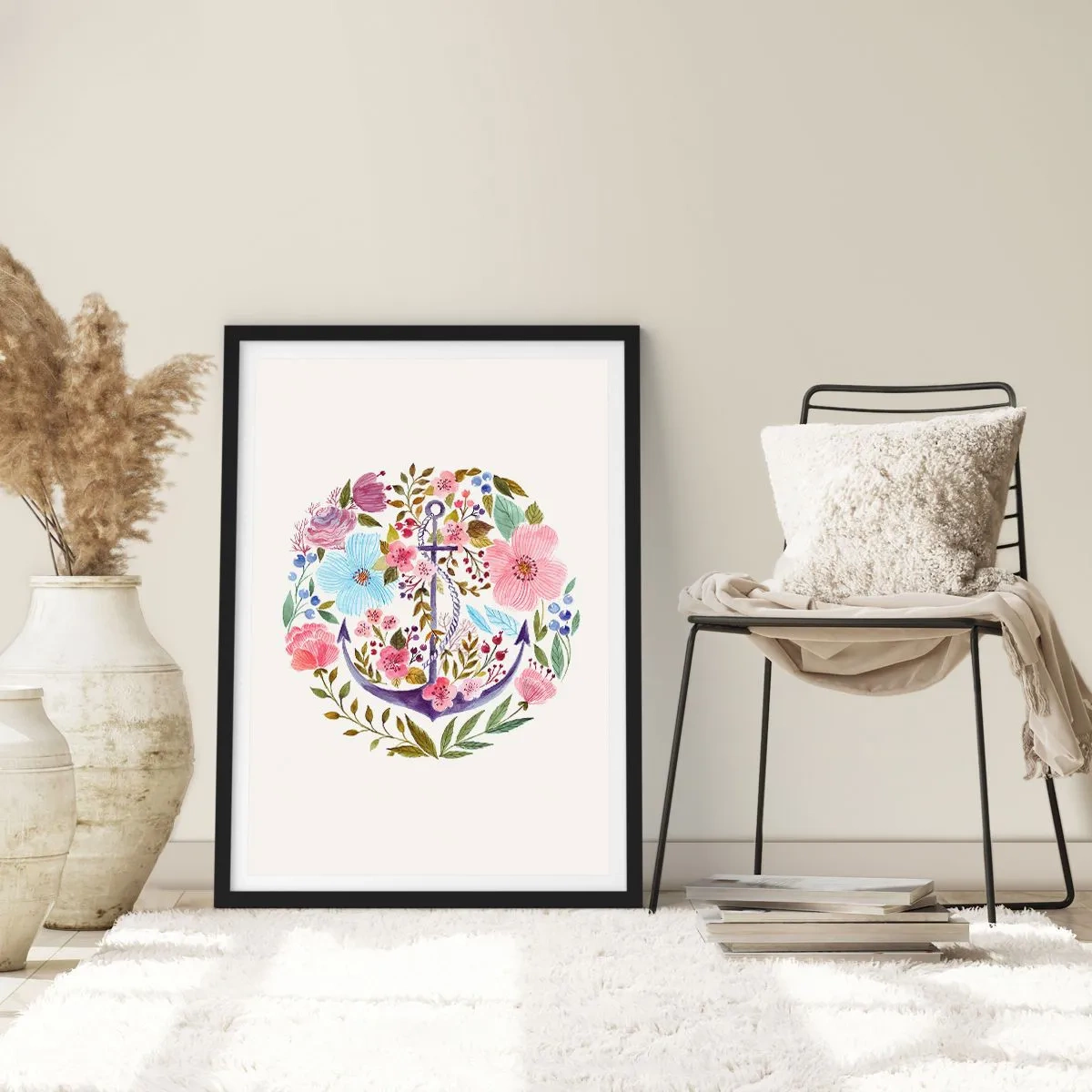 Poster in einem schwarzem Rahmen - Ein Aquarellanker, umgeben von Blumen auf hellem Hintergrund. - 50x70cm - Guter Traum eines Seemanns - Moderne Wanddekoration für Wohnzimmer und Schlafzimmer ARTTOR