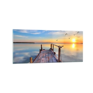 Glasbild - Bild auf glas - Holzsteg bei Sonnenuntergang auf einem ruhigen See - 120x50cm - Lauf direkt der Sonne entgegen - Moderne Wanddekoration für Wohnzimmer und Schlafzimmer ARTTOR