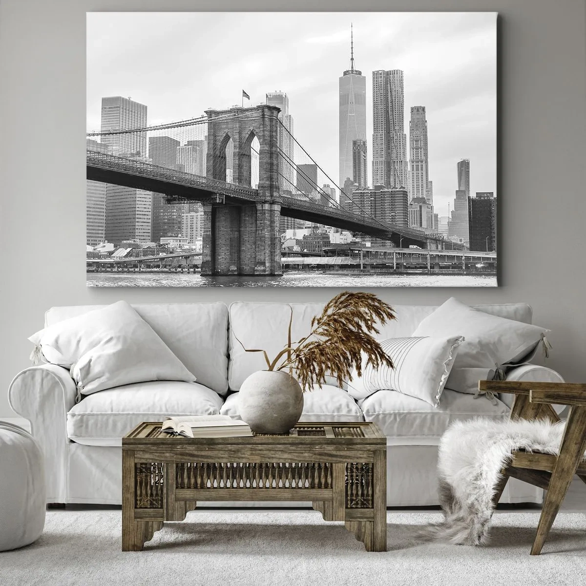 Bild auf Leinwand - Leinwandbild - Brooklyn Bridge mit New Yorker Wolkenkratzern im Hintergrund - 120x80cm - New Yorker Atmosphäre - Moderne Wanddekoration für Wohnzimmer und Schlafzimmer ARTTOR