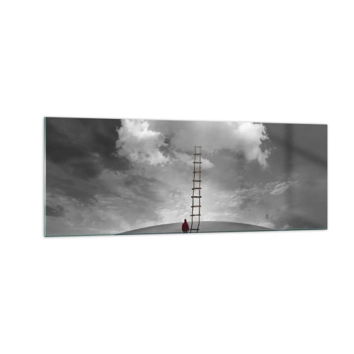 Glasbild - Bild auf glas - Eine Person in einem roten Mantel und eine Leiter, die zu einer Wolke führt - 140x50cm - Alles ist möglich - Moderne Wanddekoration für Wohnzimmer und Schlafzimmer ARTTOR