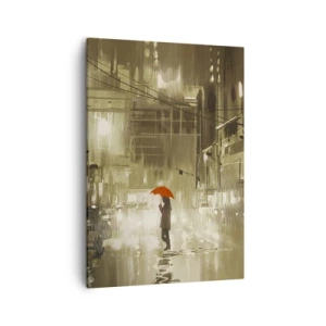 Bild auf Leinwand - Leinwandbild - Eine Figur mit einem roten Regenschirm in einer verregneten Stadt - 50x70cm - Allein aber nicht einsam - Moderne Wanddekoration für Wohnzimmer und Schlafzimmer ARTTOR