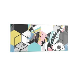 Glasbild - Bild auf glas - Geometrisches Sechseckmuster mit farbenfrohen abstrakten Details - 120x50cm - Sechsecke und Würfel in sechs Farben - Moderne Wanddekoration für Wohnzimmer und Schlafzimmer ARTTOR