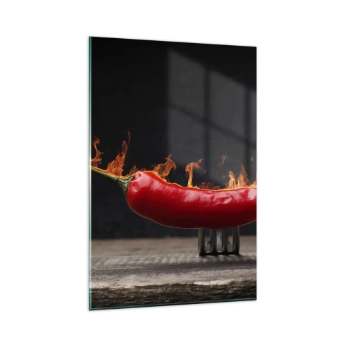 Glasbild - Bild auf glas - Feurige rote Paprika auf einer Gabel - 80x120cm - Eine feurige Vorspeise - Moderne Wanddekoration für Wohnzimmer und Schlafzimmer ARTTOR