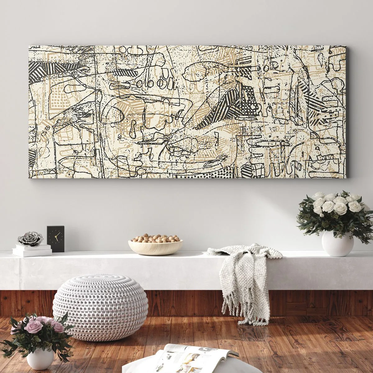 Bild auf Leinwand - Leinwandbild - Abstrakte Muster und Linien auf beigem Hintergrund - 140x50cm - Es wartet darauf, entschlüsselt zu werden - Moderne Wanddekoration für Wohnzimmer und Schlafzimmer ARTTOR