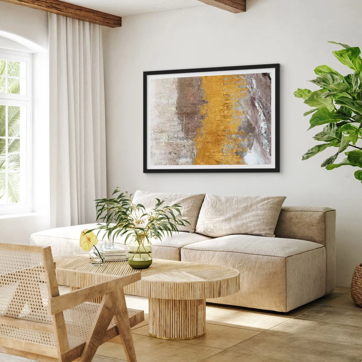 Poster in einem schwarzem Rahmen - Abstraktes Muster in Gold und Beige - 70x50cm - Goldene Explosion - Moderne Wanddekoration für Wohnzimmer und Schlafzimmer ARTTOR