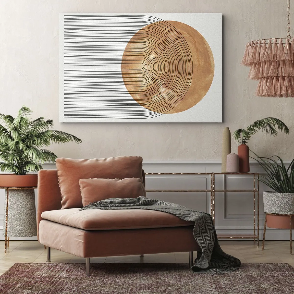 Bild auf Leinwand - Leinwandbild - Geometrische Komposition mit Kreisen und Linien in warmen Farben. - 70x50cm - SonnenKomposition - Moderne Wanddekoration für Wohnzimmer und Schlafzimmer ARTTOR