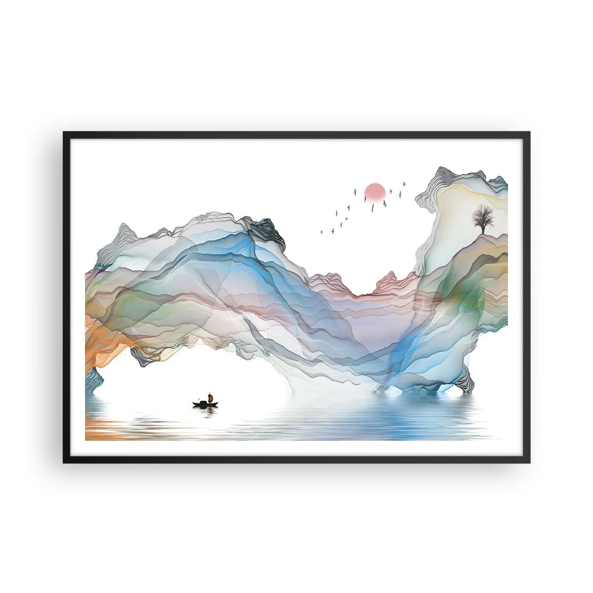 Poster in einem schwarzem Rahmen - Eine subtile Landschaft mit Bergen, Wasser und einem Boot - 100x70cm - Zu den Kristallbergen - Moderne Wanddekoration für Wohnzimmer und Schlafzimmer ARTTOR