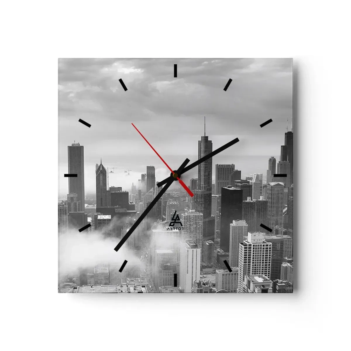 Wanduhr - Glasuhr - Stadtpanorama mit Wolkenkratzern in den Wolken in Schwarzweiß - 30x30cm - Amerikanische Landschaft - Moderne Wanddekoration für Wohnzimmer und Schlafzimmer ARTTOR
