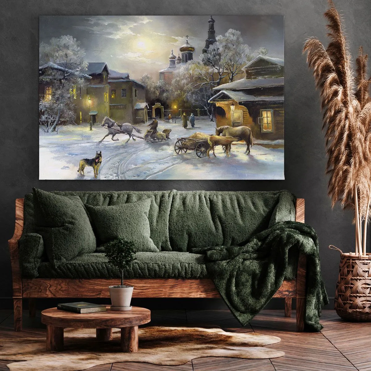 Bild auf Leinwand - Leinwandbild - Winterlandschaft in einer russischen Stadt mit Schlitten und Kirche - 70x50cm - Die Magie des russischen Winters - Moderne Wanddekoration für Wohnzimmer und Schlafzimmer ARTTOR