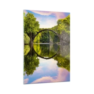 Glasbild - Bild auf glas - Eine Steinbrücke spiegelt sich in der ruhigen Oberfläche des Sees - 50x70cm - An der Kreuzung zweier Welten - Moderne Wanddekoration für Wohnzimmer und Schlafzimmer ARTTOR