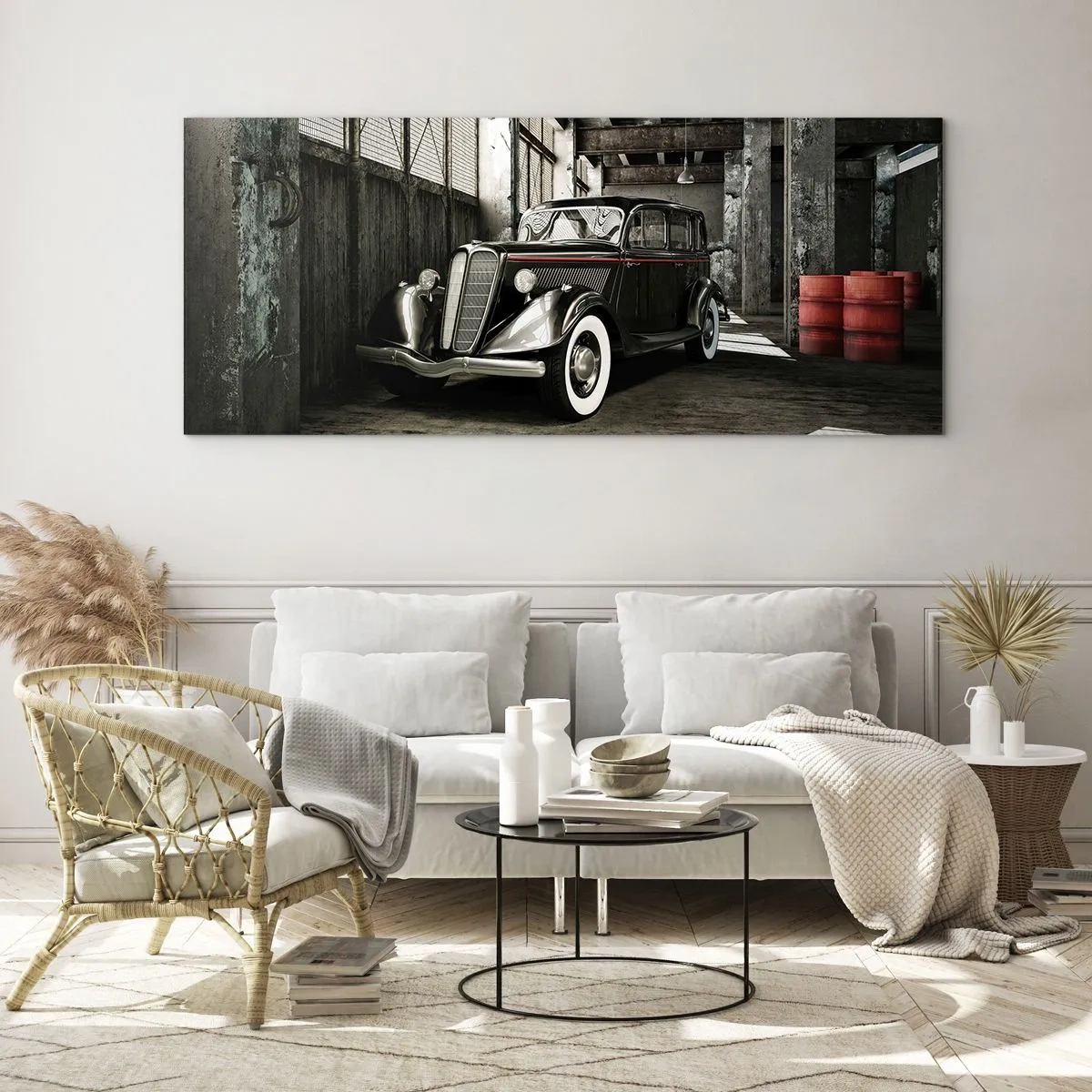 Glasbild - Bild auf glas - Stilvolles Retro-Auto in einem Rohlager - 160x50cm - Die ewige Eleganz der 1930er Jahre - Moderne Wanddekoration für Wohnzimmer und Schlafzimmer ARTTOR