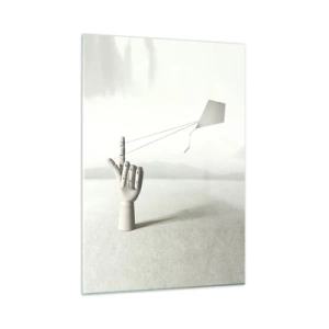 Glasbild - Bild auf glas - Eine Holzhand, die einen schwebenden Drachen auf dem Finger hält - 50x70cm - Kraftprobe - Moderne Wanddekoration für Wohnzimmer und Schlafzimmer ARTTOR
