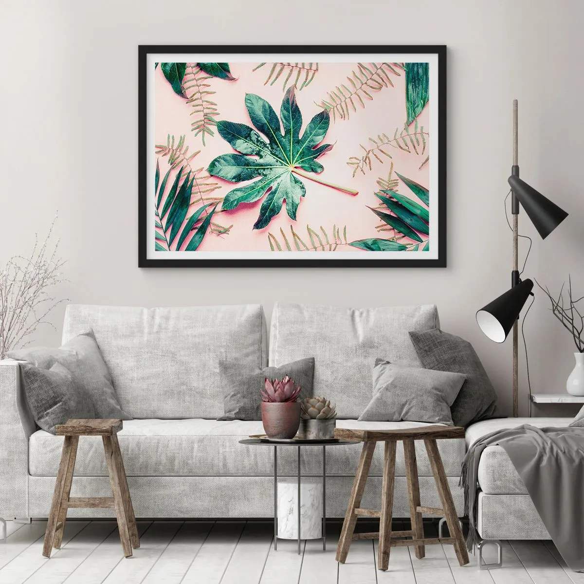 Poster in einem schwarzem Rahmen - Tropische Blätter auf hellem Pastellhintergrund - 70x50cm - Eine Studie von Grün auf einem rosa Hintergrund - Moderne Wanddekoration für Wohnzimmer und Schlafzimmer ARTTOR