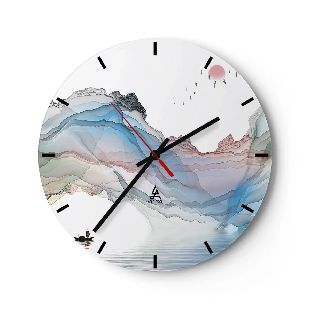 Wanduhr - Glasuhr - Farbenfrohe, ätherische Berge mit einem Boot auf der Wasseroberfläche - 30x30cm - Zu den Kristallbergen - Moderne Wanddekoration für Wohnzimmer, Küche und Schlafzimmer ARTTOR