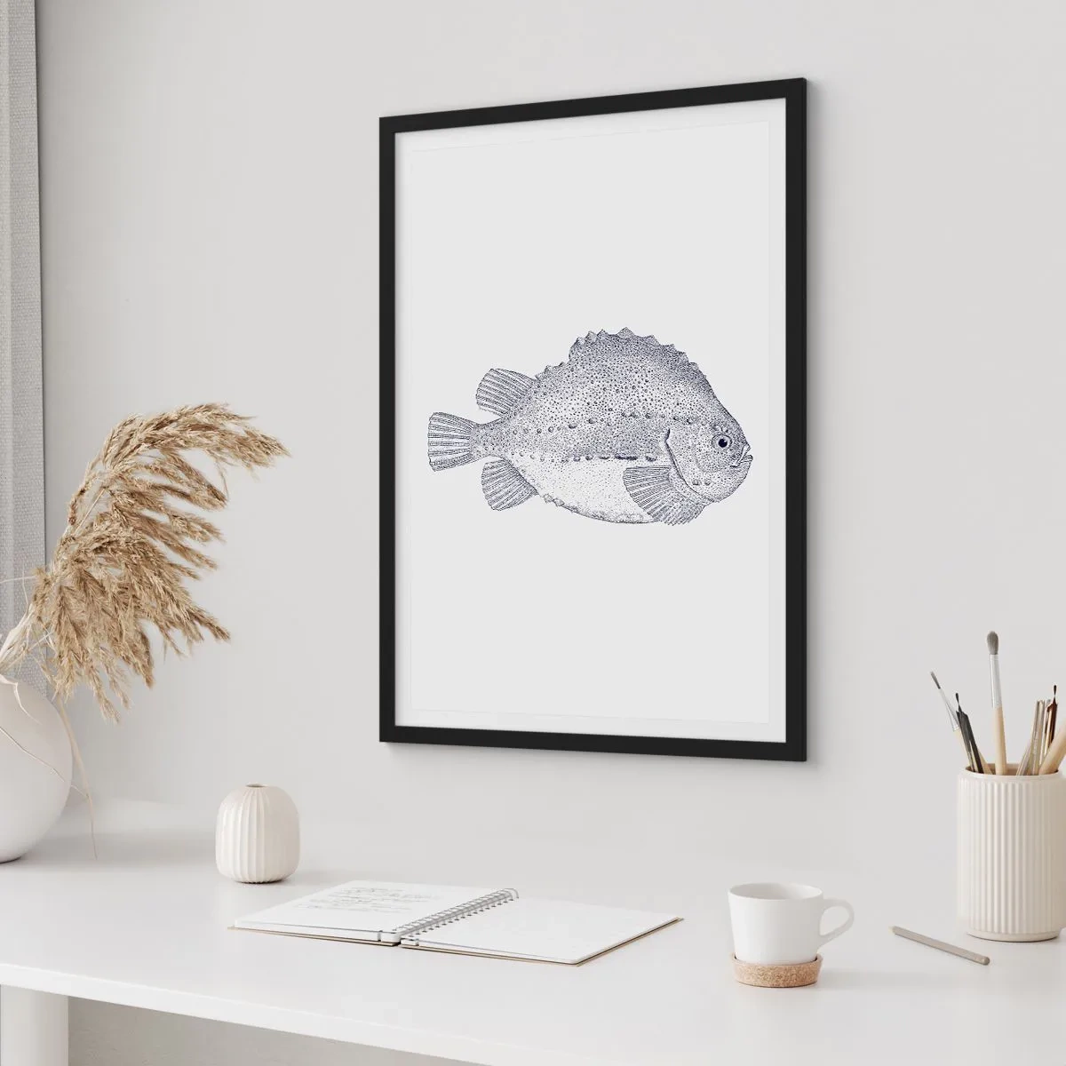 Poster in einem schwarzem Rahmen - Vintage Fischillustration auf hellem Hintergrund - 50x70cm - Für das Album des Naturforschers - Moderne Wanddekoration für Wohnzimmer und Schlafzimmer ARTTOR