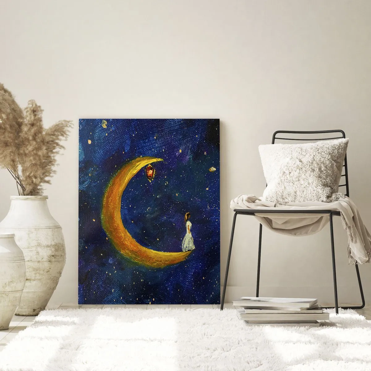 Glasbild - Bild auf glas - Ein Mädchen steht auf dem Mond in einem Sternenhimmel - 70x100cm - Der Ruf der Welt - Moderne Wanddekoration für Wohnzimmer und Schlafzimmer ARTTOR
