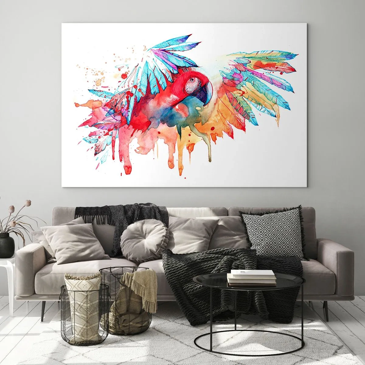 Glasbild - Bild auf glas - Bunter Aquarellpapagei mit ausgebreiteten Flügeln - 70x50cm - Bunte Papageien - Moderne Wanddekoration für Wohnzimmer und Schlafzimmer ARTTOR