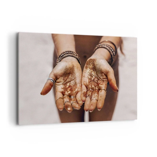 Bild auf Leinwand - Leinwandbild - Nahaufnahme von Händen mit Glitzer in warmen Farbtönen - 120x80cm - Ein Geschenk für dich - Moderne Wanddekoration für Wohnzimmer und Schlafzimmer ARTTOR