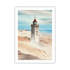 Poster - Ein Leuchtturm vor der Kulisse von Sanddünen und blauem Himmel - 50x70cm - Immer aufs Meer starrend - Moderne Wanddekoration für Wohnzimmer und Schlafzimmer ARTTOR