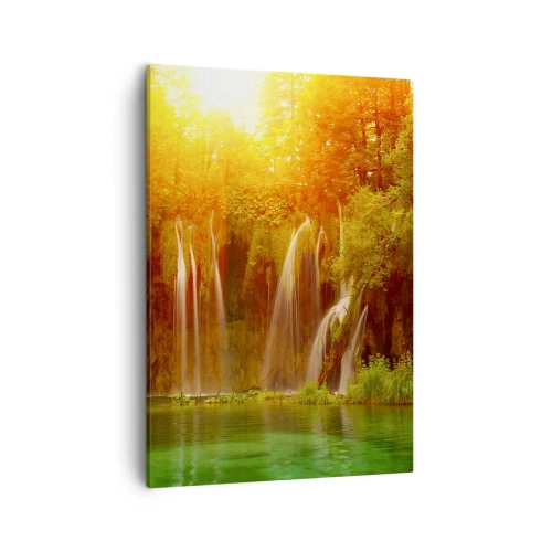 Bild auf Leinwand - Leinwandbild - Wasserfälle umgeben von Grün im Schein der untergehenden Sonne - 50x70cm - In der Sonne und im Schatten - Moderne Wanddekoration für Wohnzimmer und Schlafzimmer ARTTOR