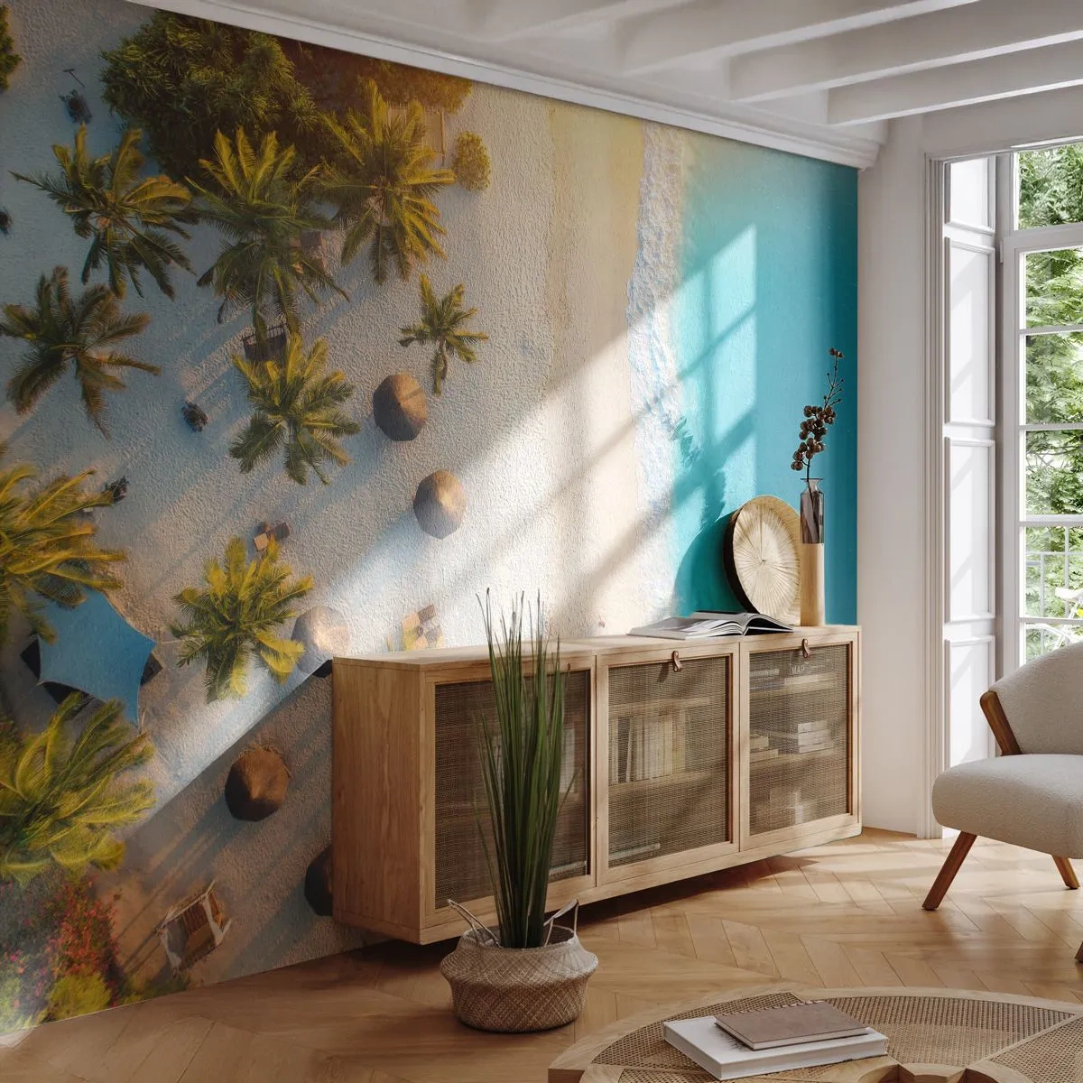 Fototapete Premium Canvas - Blick auf einen tropischen Strand mit Palmen und türkisfarbenem Meer - 100x70cm - Willkommen im Paradies - Moderne Wanddekoration für Wohnzimmer und Schlafzimmer ARTTOR