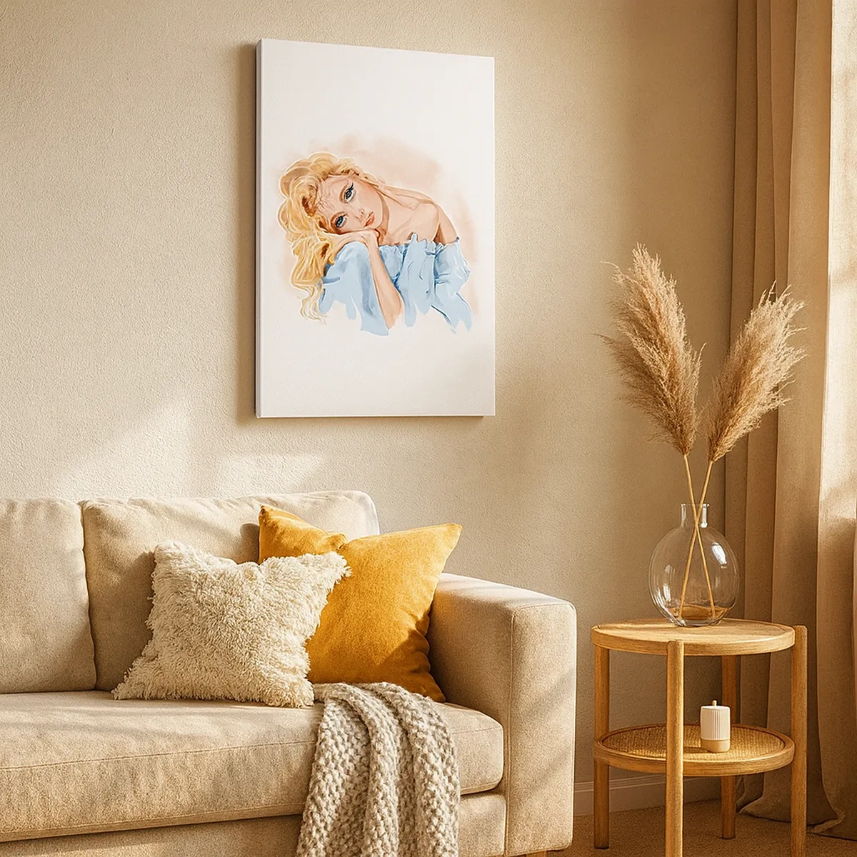 Bild auf Leinwand - Leinwandbild - Porträt einer Frau in einem blauen Kleid mit blonden Haaren - 50x70cm - Verträumt im Blau - Moderne Wanddekoration für Wohnzimmer und Schlafzimmer ARTTOR