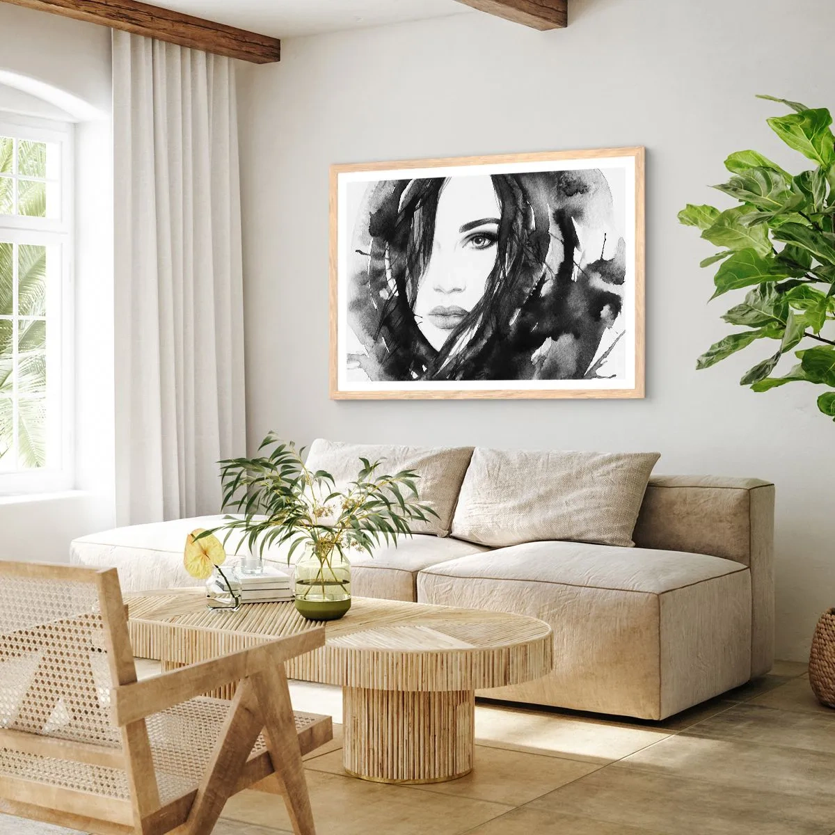 Poster in einem Rahmen aus heller Eiche - Porträt einer Dame in Schwarzweiß - 50x40 cm