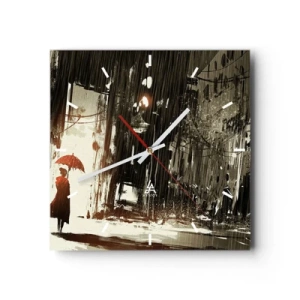 Wanduhr - Glasuhr - Eine rote Figur mit einem Regenschirm in einer regnerischen Szene - 30x30cm - Die Poesie des roten Regenschirms - Moderne Wanddekoration für Wohnzimmer und Schlafzimmer ARTTOR