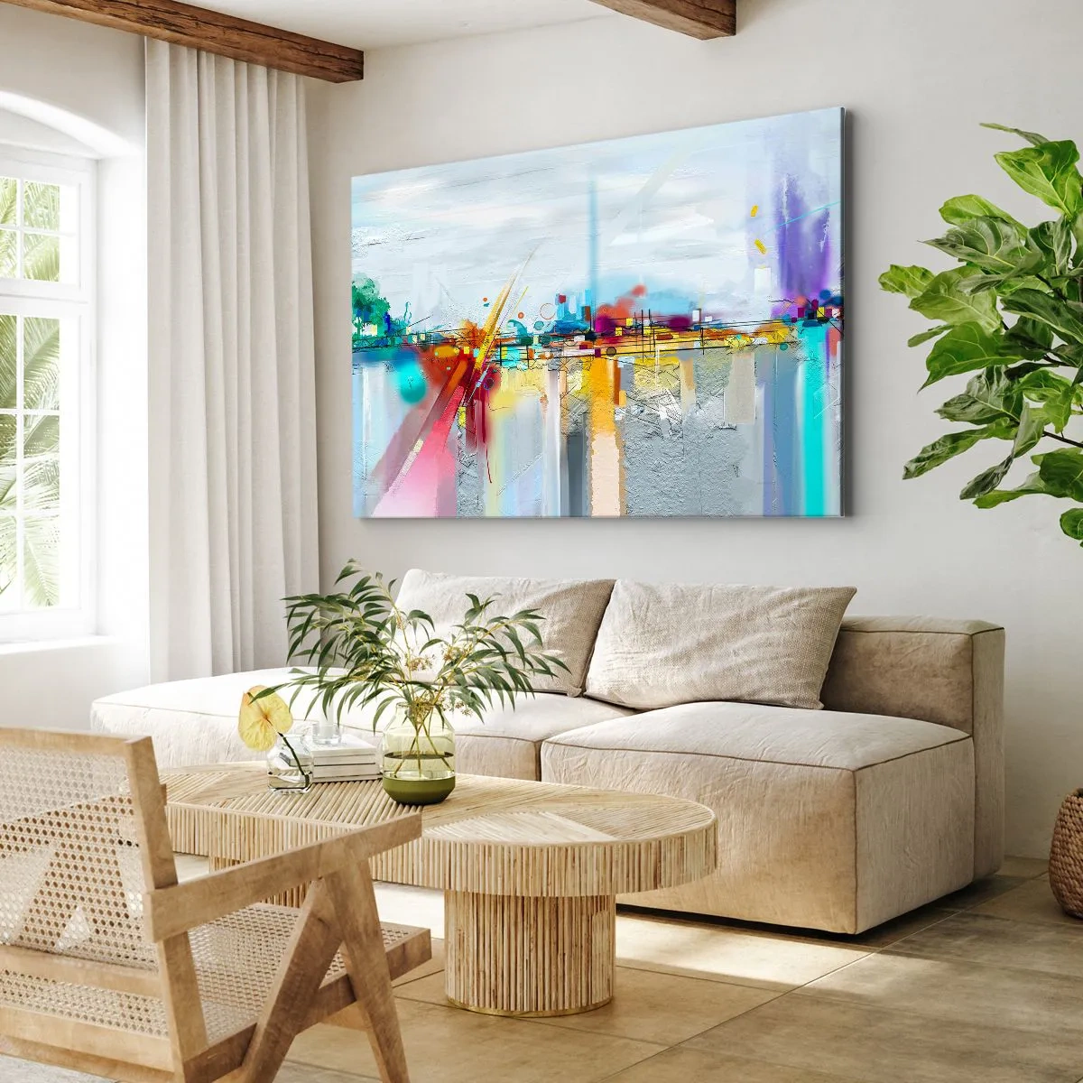 Bild auf Leinwand - Leinwandbild - Abstrakte Landschaft mit bunten Akzenten - 120x80cm - Freudenbrücke über den Fluss des Lebens - Moderne Wanddekoration für Wohnzimmer und Schlafzimmer ARTTOR