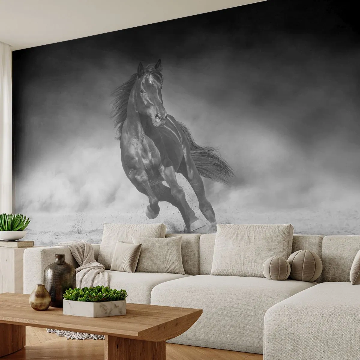 Fototapete Premium Sand - Ein schwarzes Pferd galoppiert durch den Wüstensand - 100x70cm - Würdig des Emirs selbst - Moderne Wanddekoration für Wohnzimmer und Schlafzimmer ARTTOR