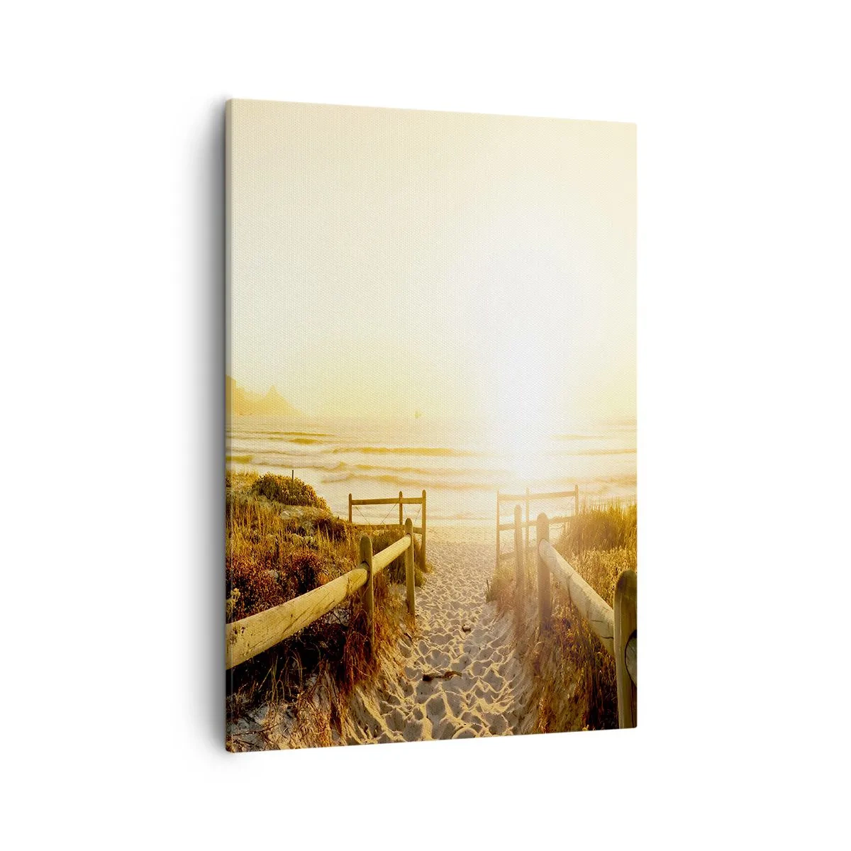 Bild auf Leinwand - Leinwandbild - Weg zum Strand bei goldenem Sonnenuntergang - 50x70cm - Über die Düne, der Sonne entgegen - Moderne Wanddekoration für Wohnzimmer und Schlafzimmer ARTTOR