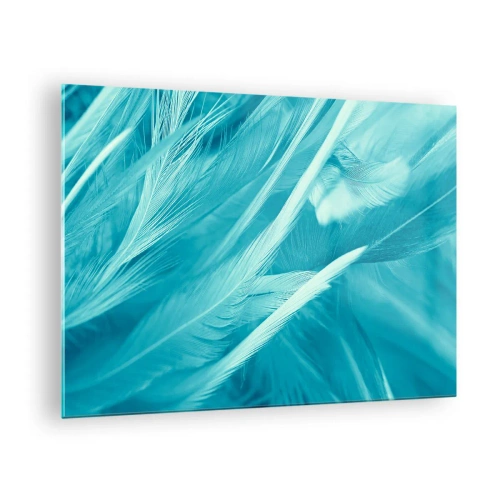 Glasbild - Bild auf glas - Türkisfarbene Federn in zarter Nahaufnahme - 70x50cm - In Pulver ertrinken - Moderne Wanddekoration für Wohnzimmer und Schlafzimmer ARTTOR